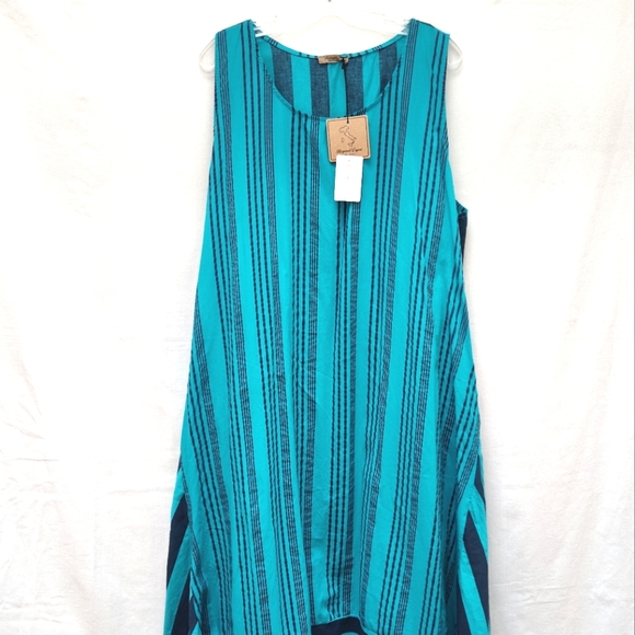 NEW Beyond Capri striped print dress asymmetric midi lagenlook turquoise resort - Picture 2 of 12